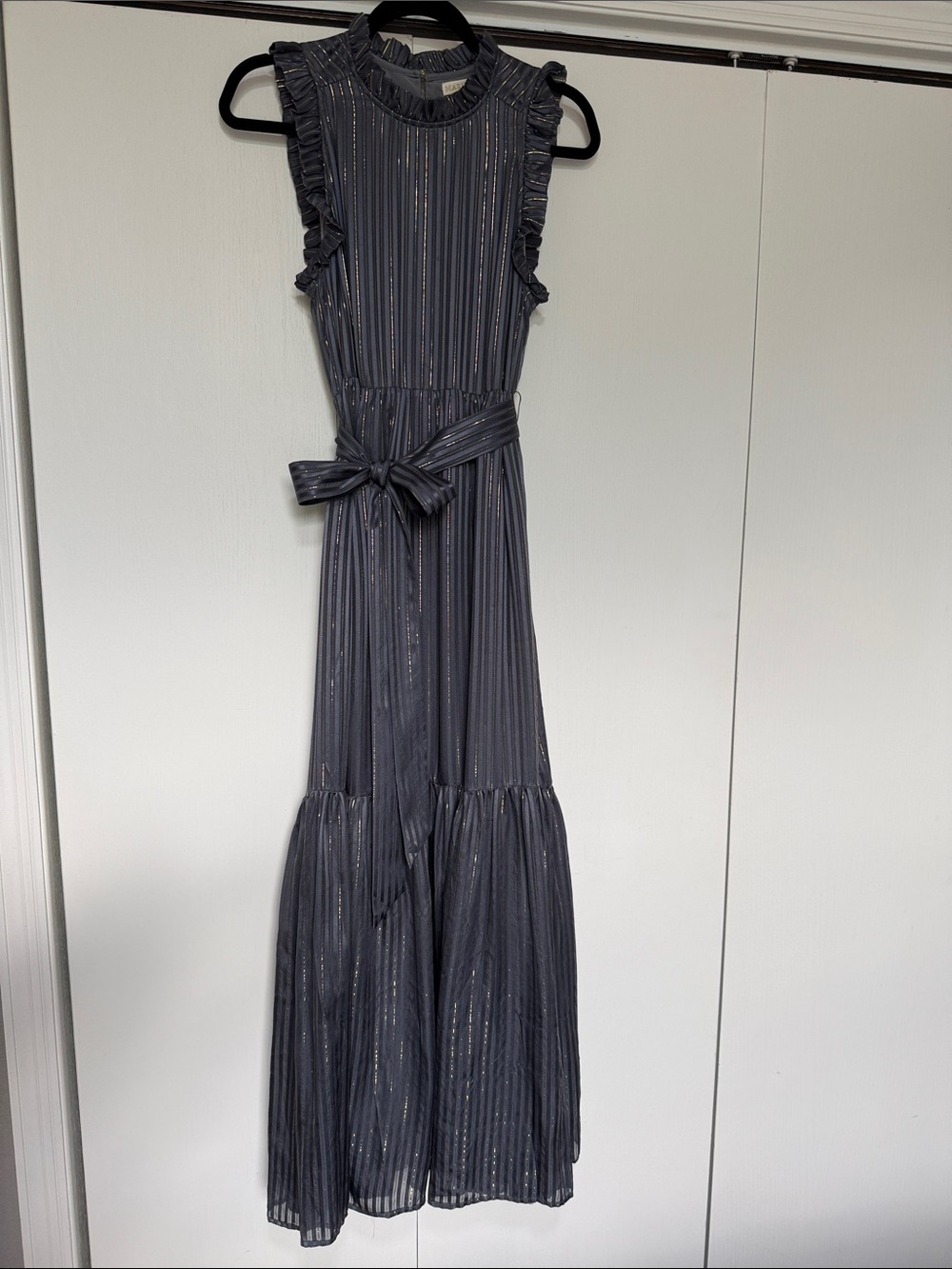 Marie Oliver Sleeveless Ruffle Maxi Dress with Tie Waist in Charcoal